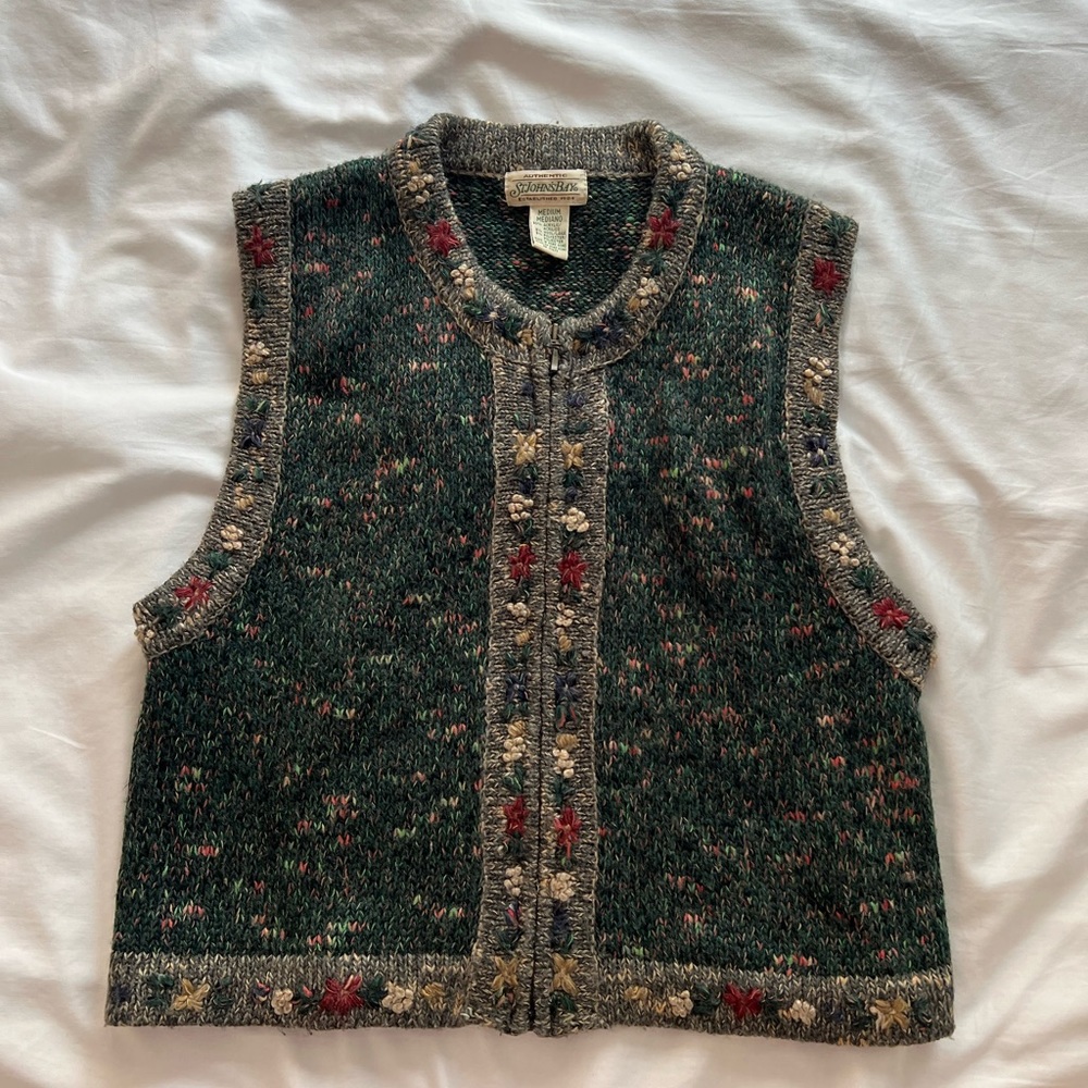green floral zip-up sweater vest